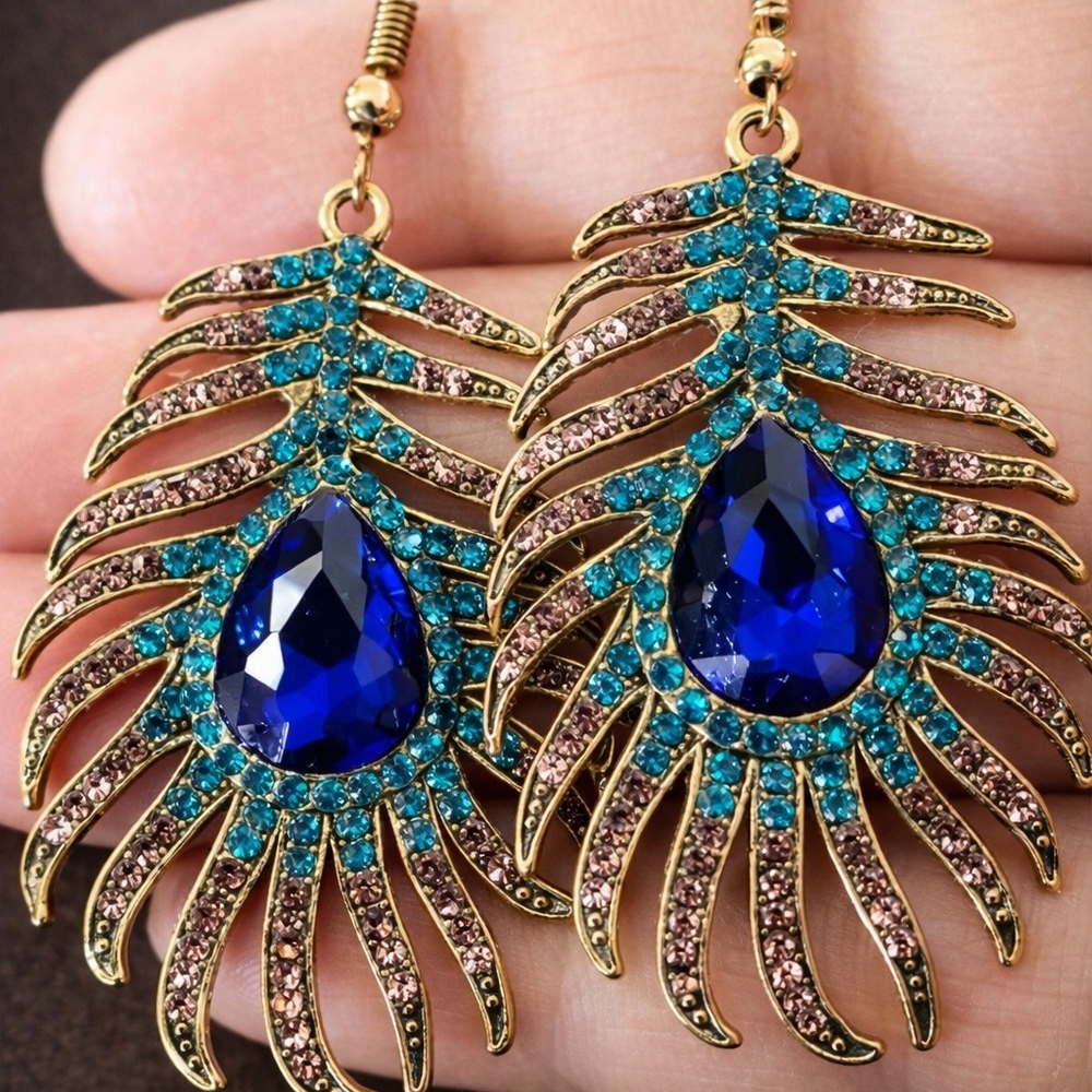 18K gold Plated Elegant Gold and Blue Peacock Feather Earrings
